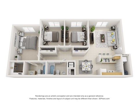 Floor plan for 3 beds, 2 baths, 1085 sqft